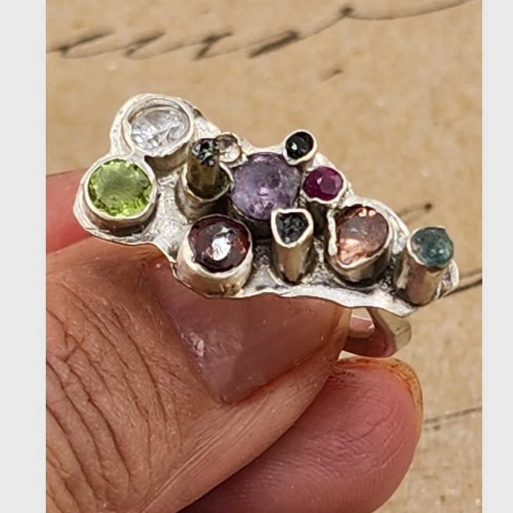 MULTISTONE CRYSTAL RING HANDMADE IN STERLING SILVER SIZE 5.5